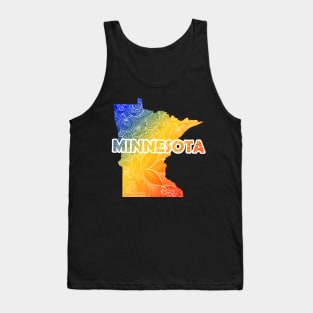 Colorful mandala art map of Minnesota with text in blue, yellow, and red Tank Top